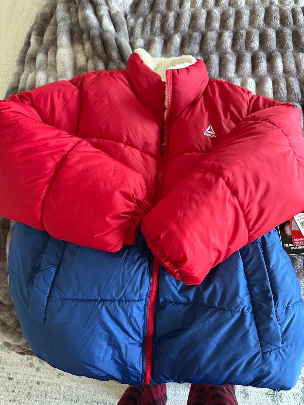 Reebok Kids Red and Blue Colorblock Puffer Jacket with Sherpa Collar